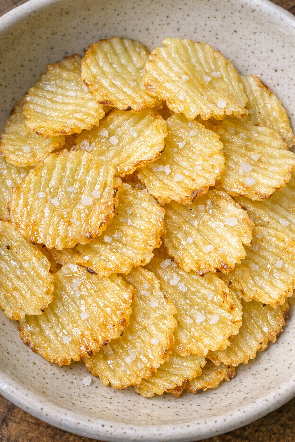 Thin ruffled golden potato chips in a shallow ceramic bowl