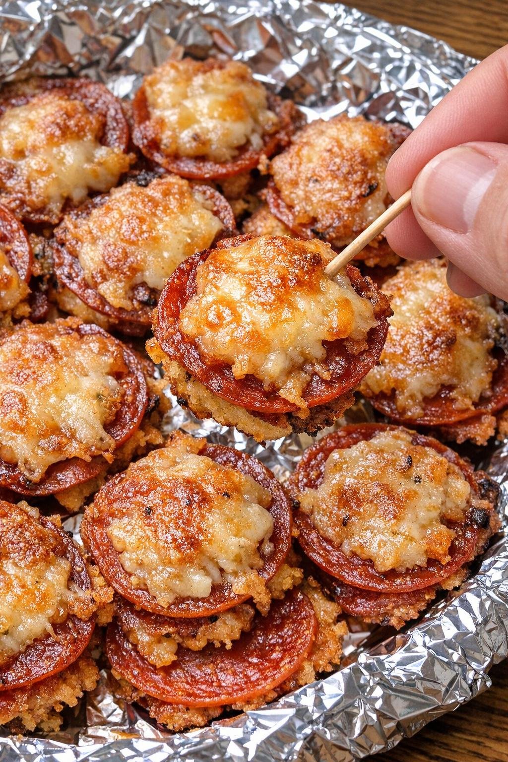 3-ingredient pepperoni laramie bites on a foil-lined platter