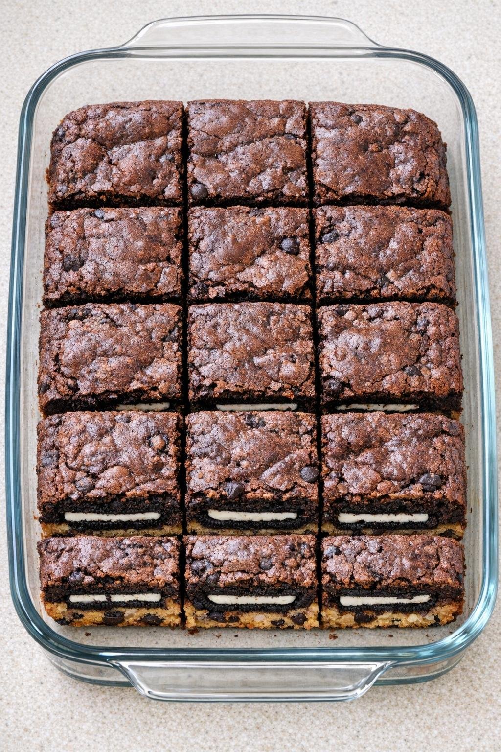 Finished cookie dough brownie bars cut in a glass baking dish