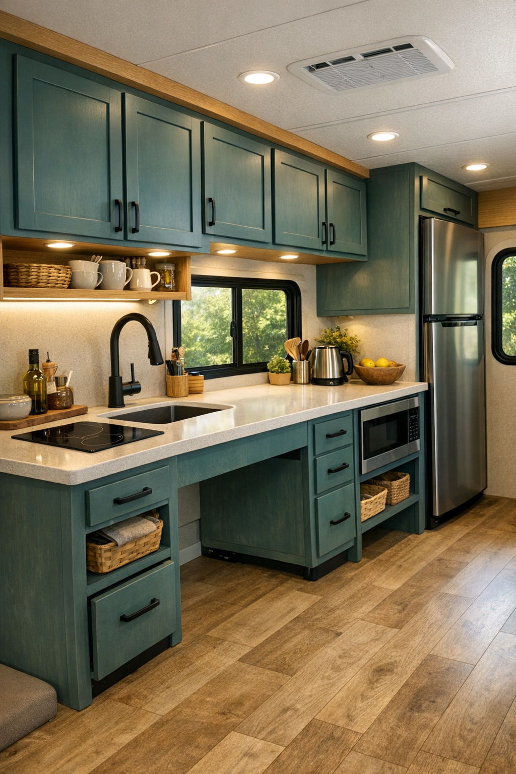 Accessible RV camper kitchen with warm teal cabinetry, pale counters, and matte black hardware
