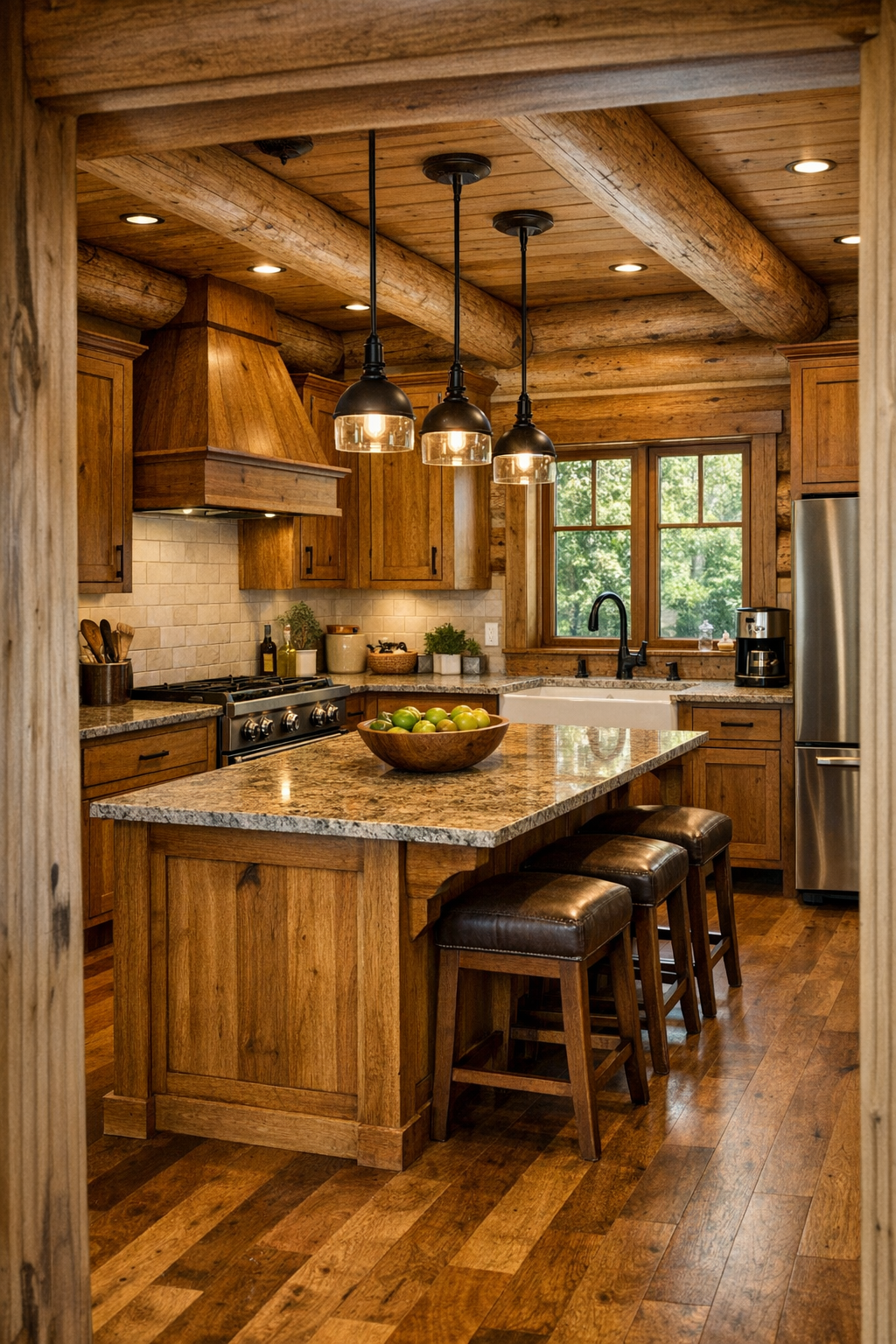 Kitchen with Amish-crafted wood cabinetry, stone counters, and a large island