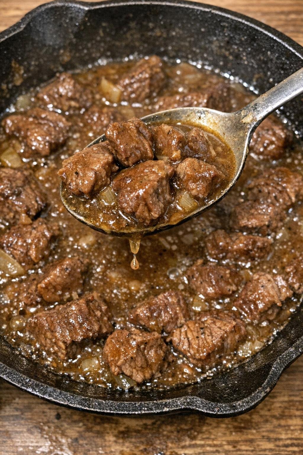 Tender browned beef stew meat in rich brown gravy in a cast iron skillet
