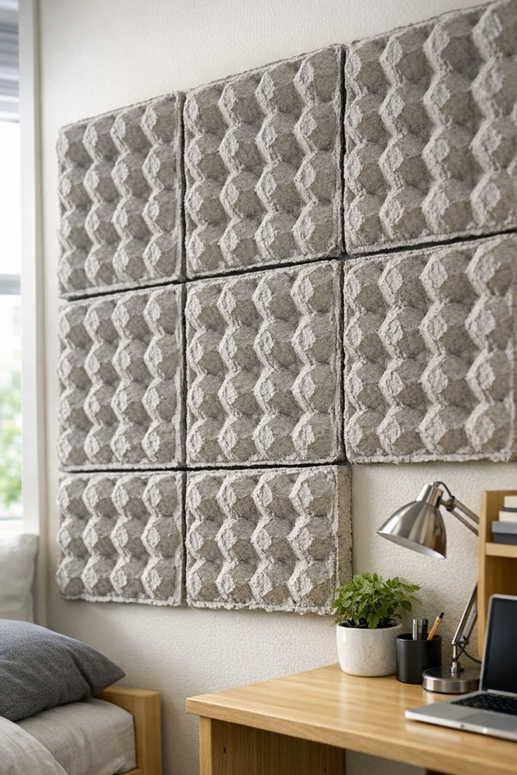 Finished cardboard egg carton acoustic wall panels mounted on a dorm wall