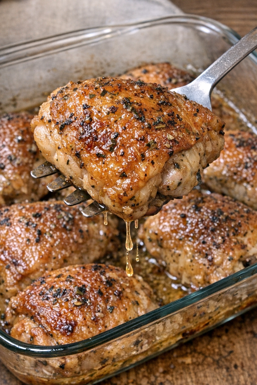 Glossy herb-seasoned chicken thighs with crispy golden skin in a glass baking dish
