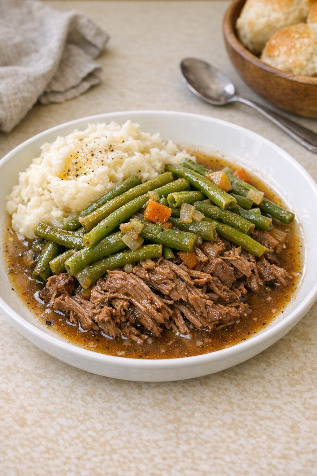 Finished Amish green bean beef plated in a rustic bowl