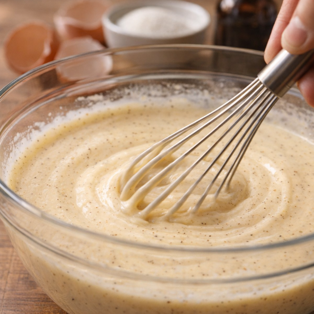 Vanilla custard base being whisked in a mixing bowl