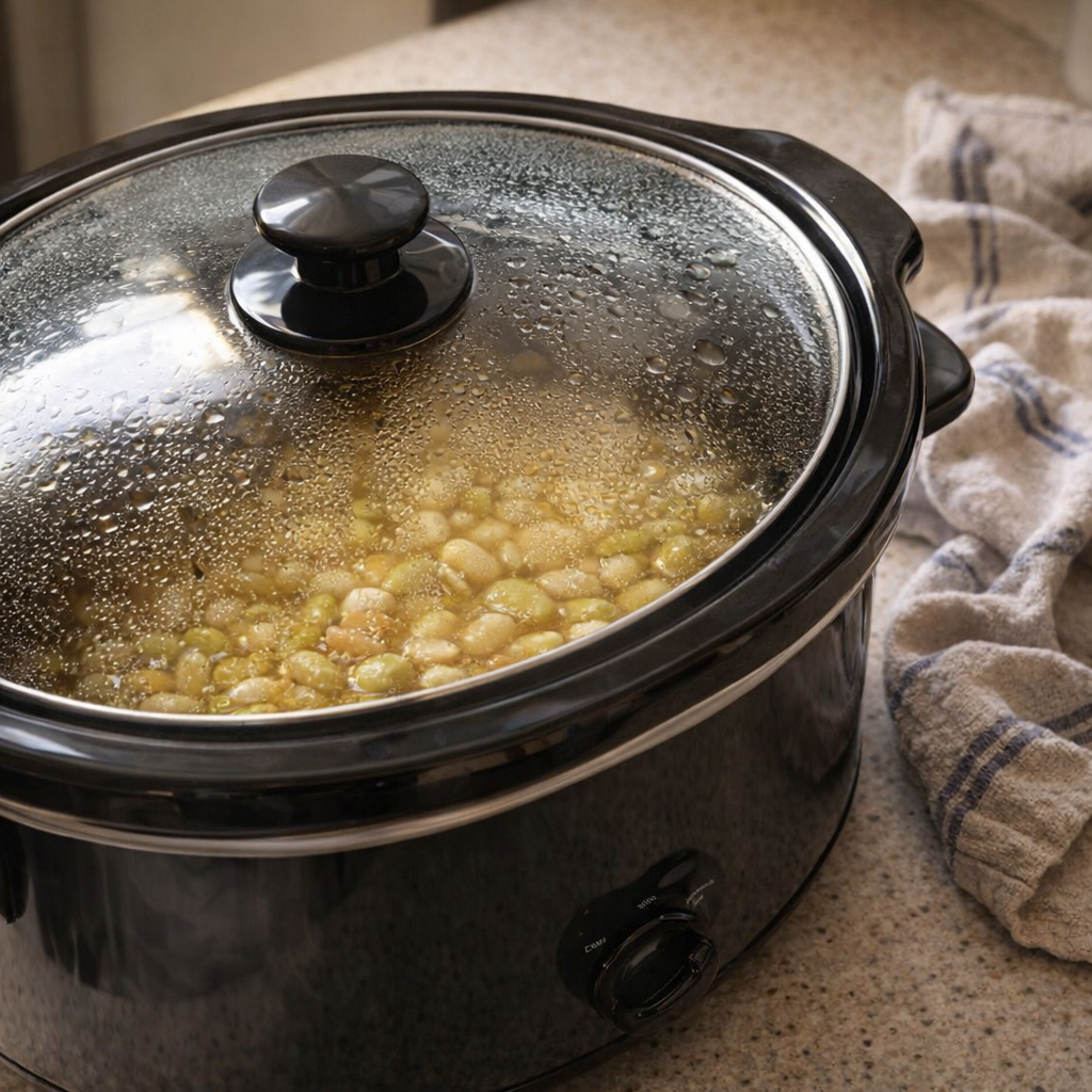 Three-quarter angle shot of slow cooker lima beans simmering under a glass lid