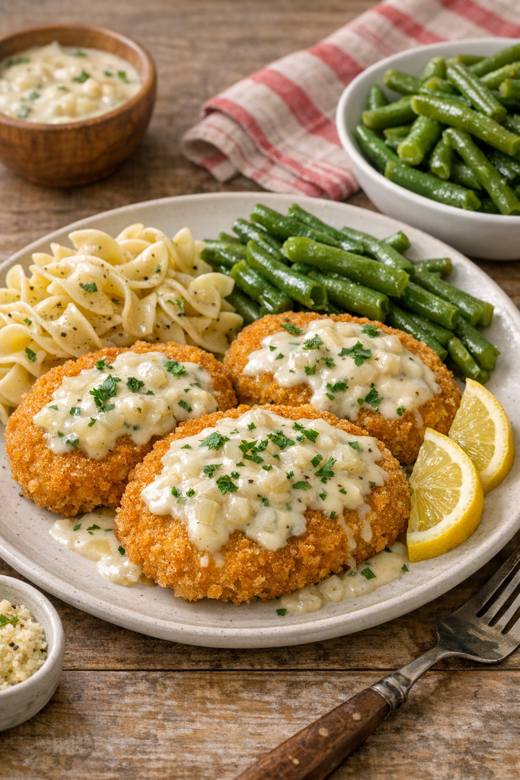 Finished slow cooker fish patties plated with creamy sauce