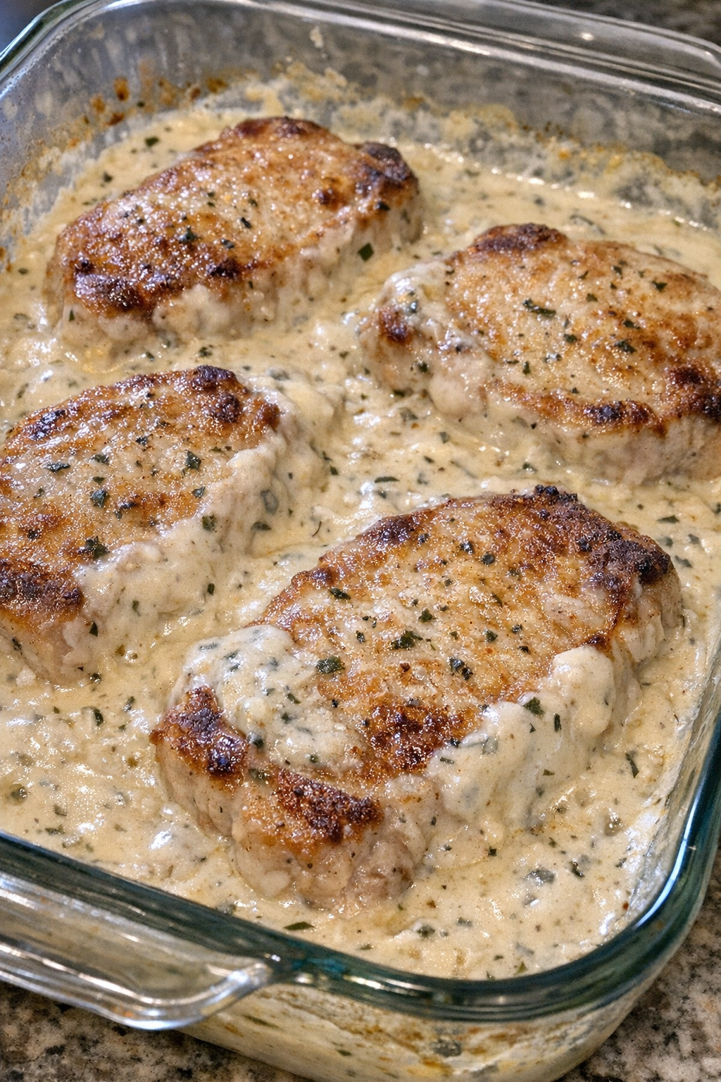 Creamy ranch pork chops in a glass casserole dish