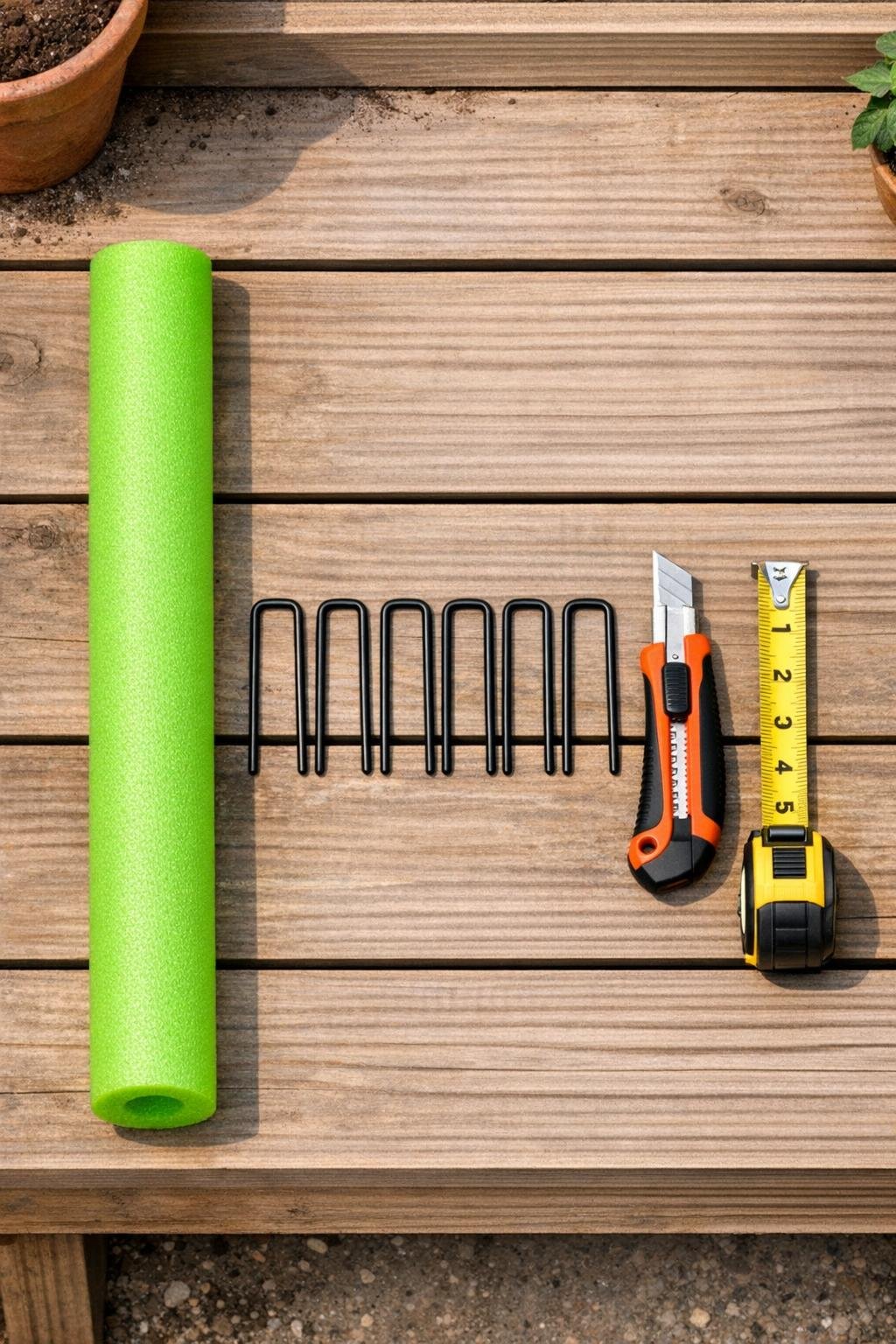 Pool noodle and garden stakes laid out on a potting bench