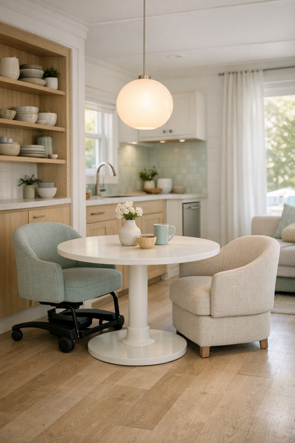 Accessible tiny home dining area with round pedestal table, upholstered chairs, and soft seafoam accents
