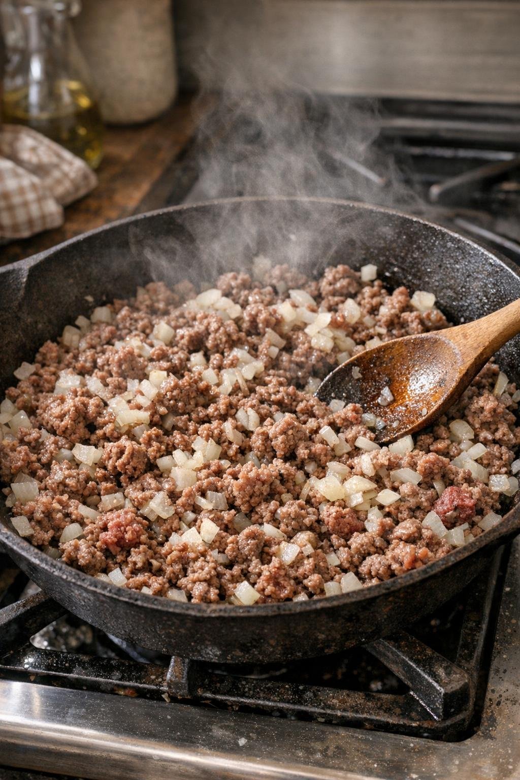 Ground beef and onion browning in skillet