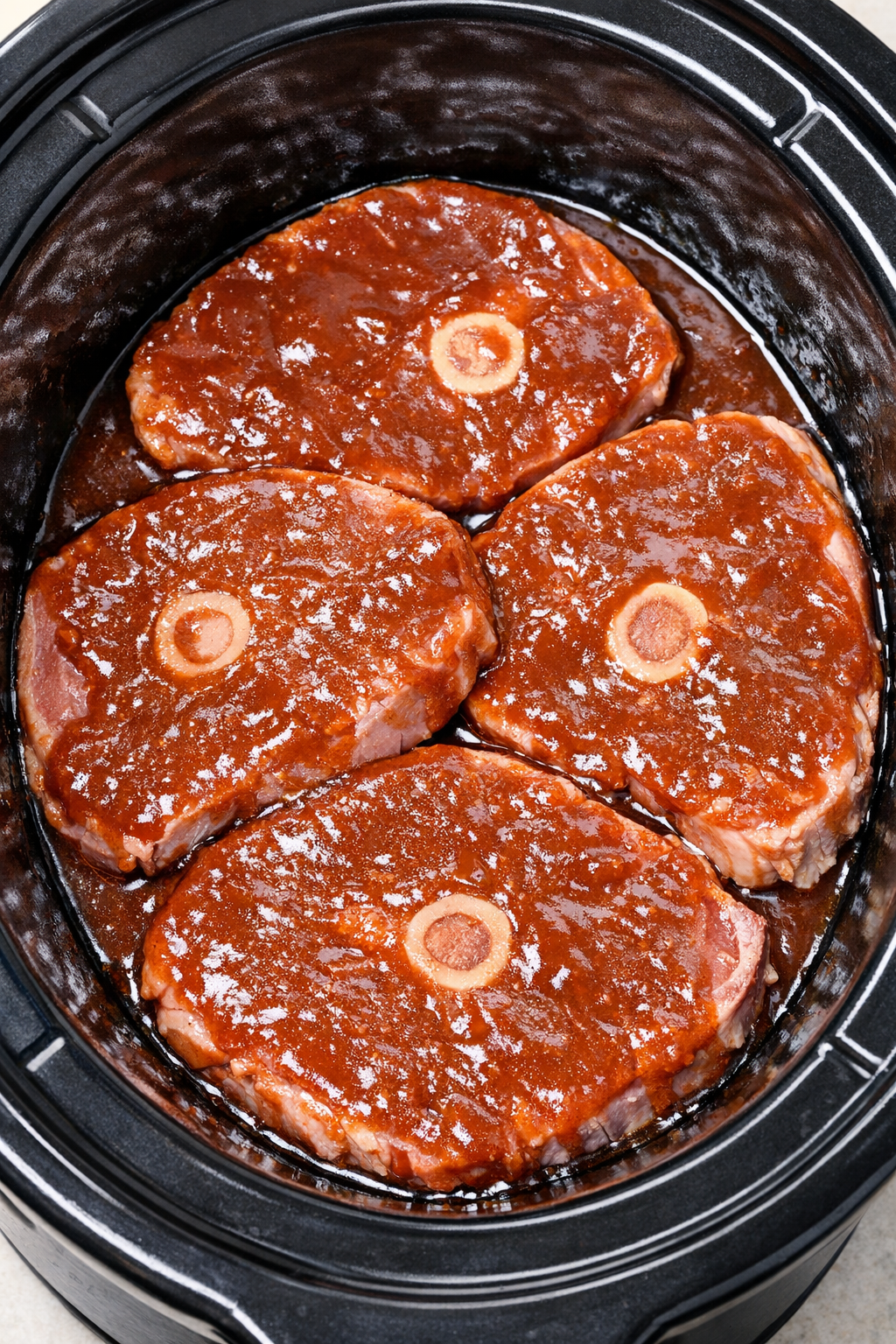 Ham steaks covered with sauce in the slow cooker