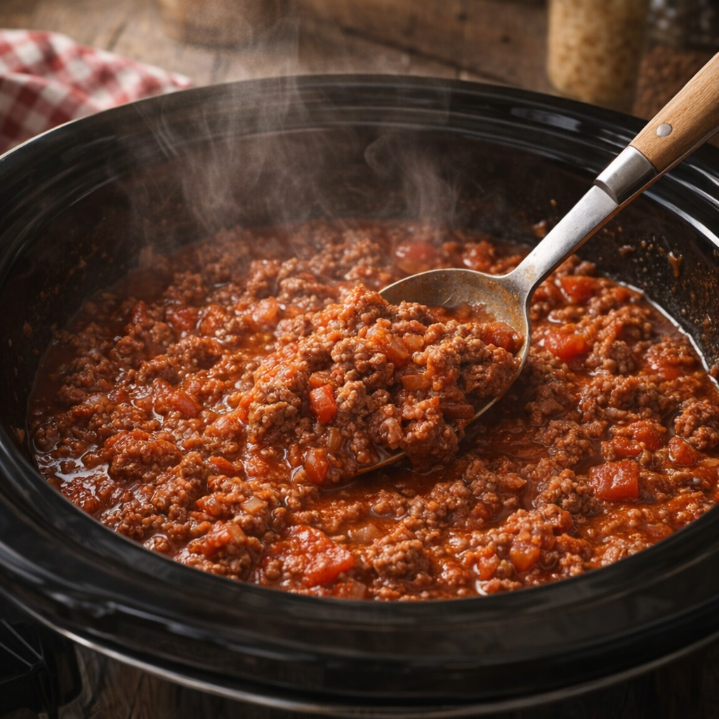 Cooked beef and tomato mixture in slow cooker