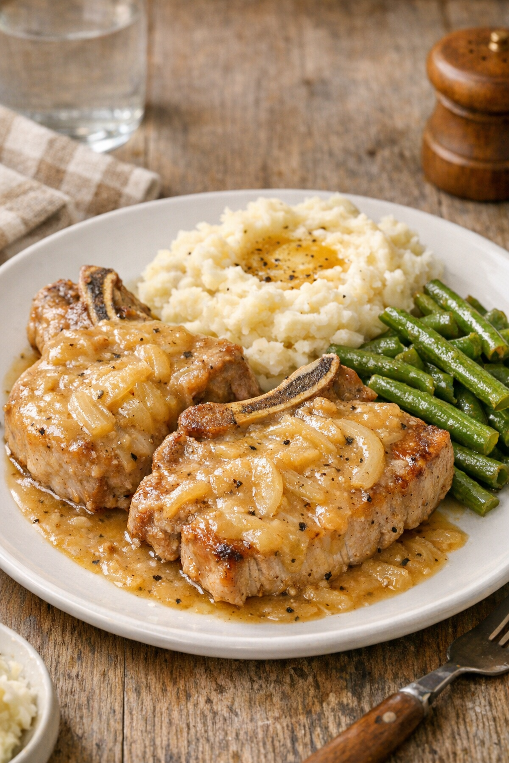 Finished slow cooker bone-in pork chops with gravy