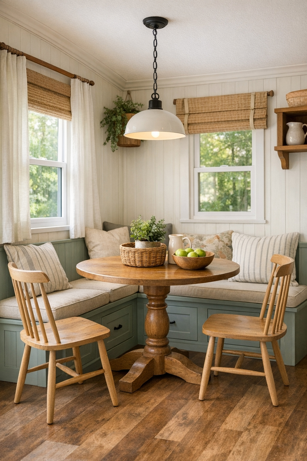 Cozy cottage dining nook with a built-in banquette, pedestal table, and spindle-back chairs