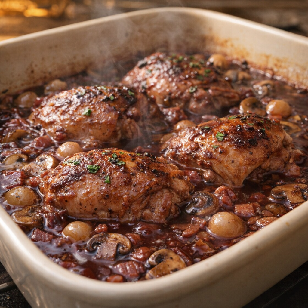 Chicken baking in glossy red sauce