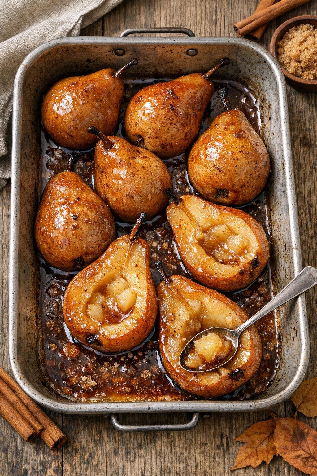 Finished baked pear dessert in a metal pan