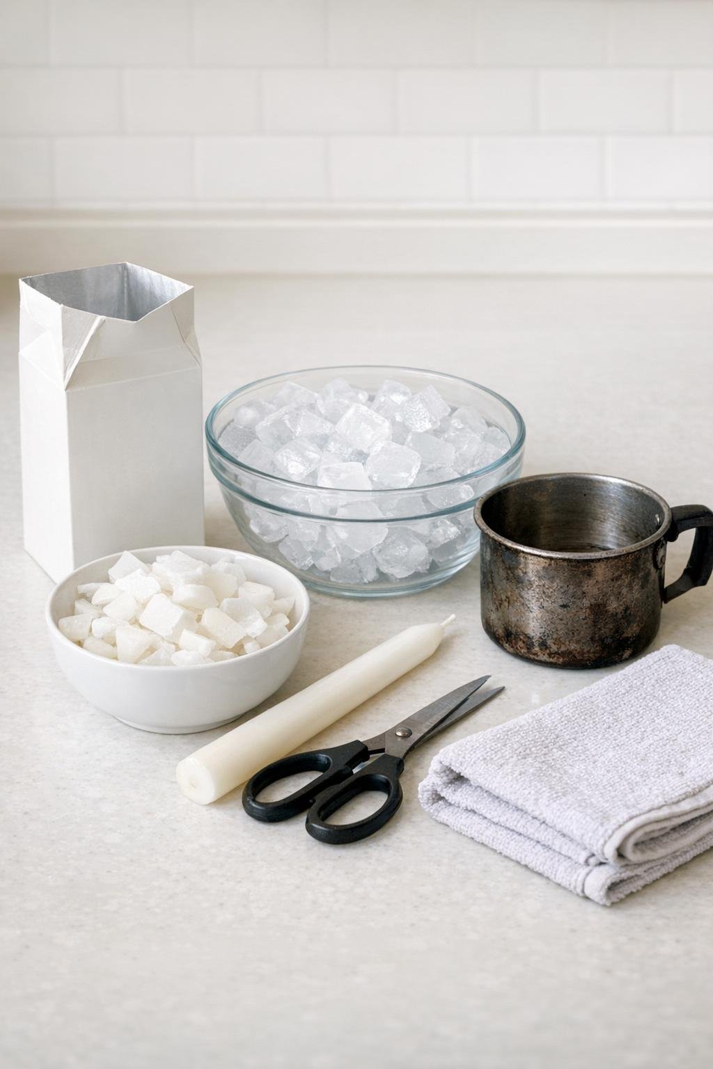 Materials for making ice pillar candles laid out on a kitchen counter