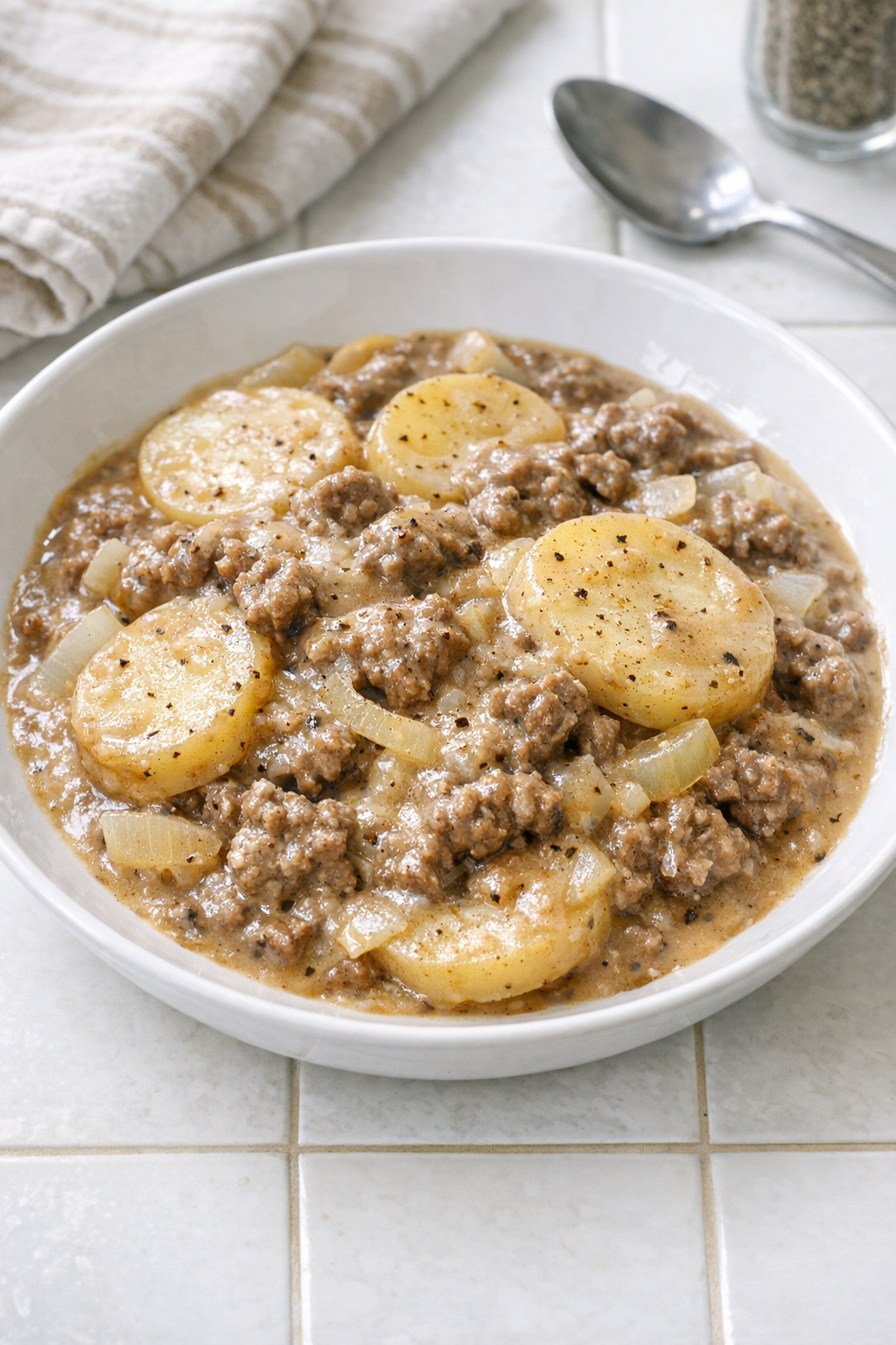 Finished plated freedom gravy with creamy beef and potatoes