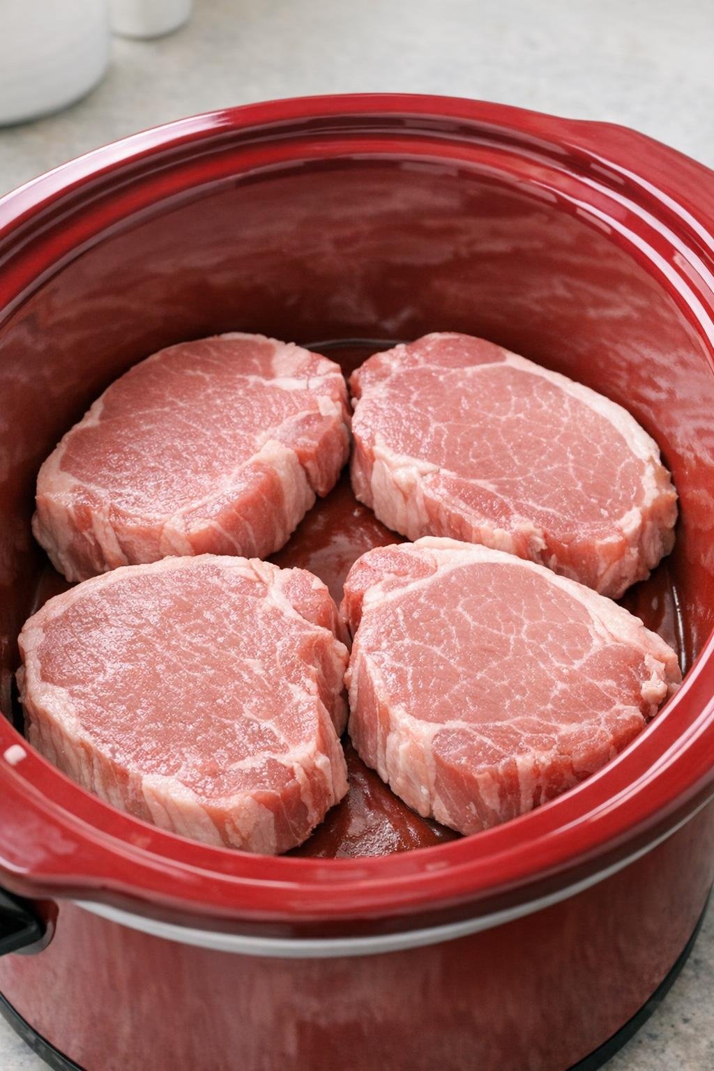 Pork chops arranged in a red slow cooker
