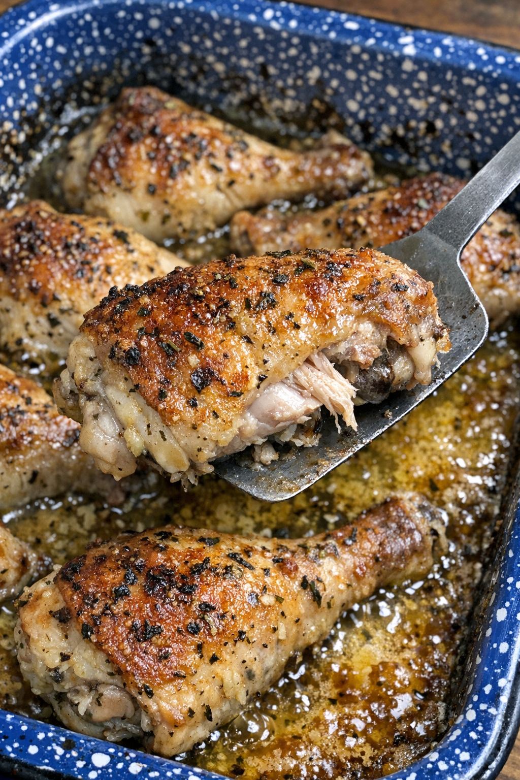 Baked chicken legs with golden crust in enamel roasting pan