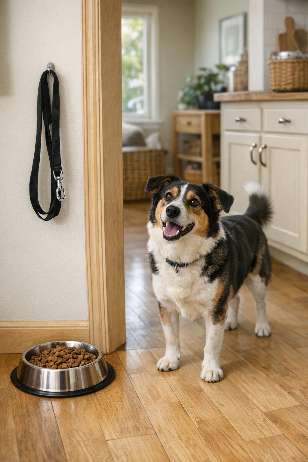 Dog waiting near a leash and food bowl