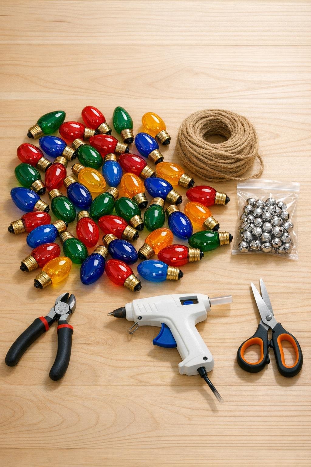 Materials for a retro bulb mantel garland laid out on a table