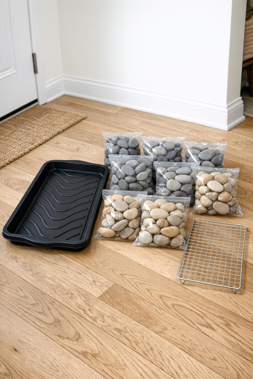 Materials for a shoe drip tray laid out together