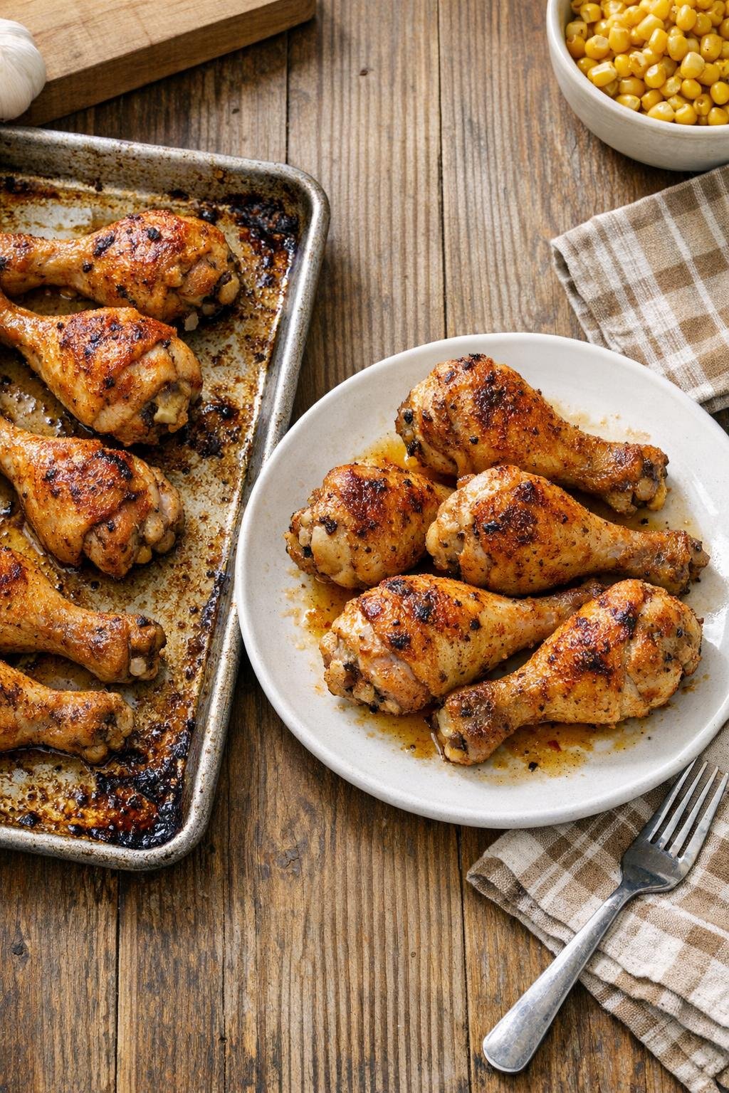 Finished baked chicken drumsticks on a sheet pan