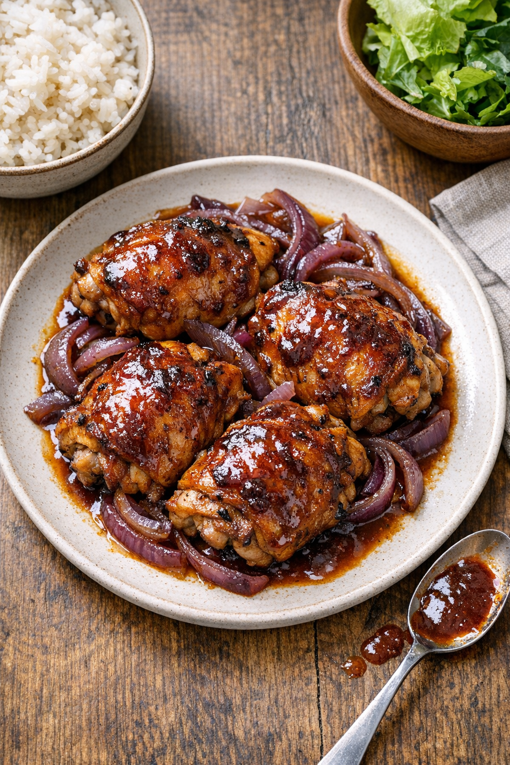 Finished slow cooker chicken thighs with red onions and sauce