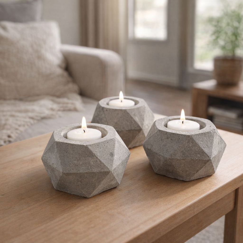 Freshly made geometric cement candle holders on a side table