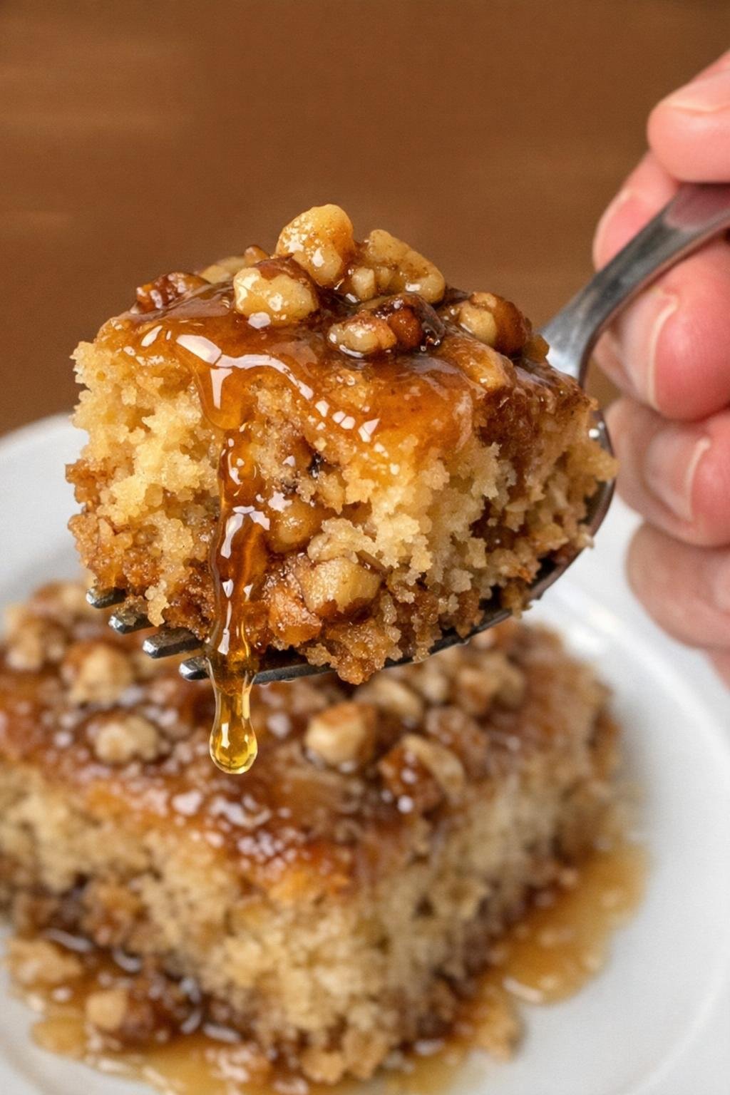 Slow cooker maple walnut cake with fork bite