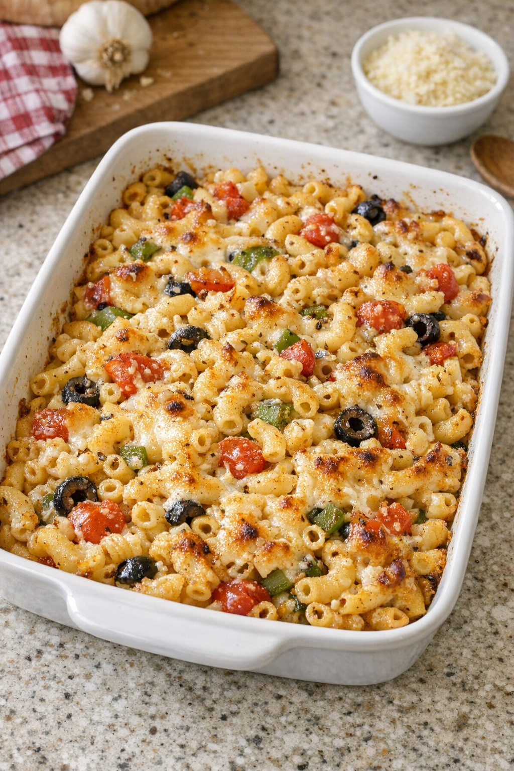 Finished baked zesty Italian macaroni in a casserole dish