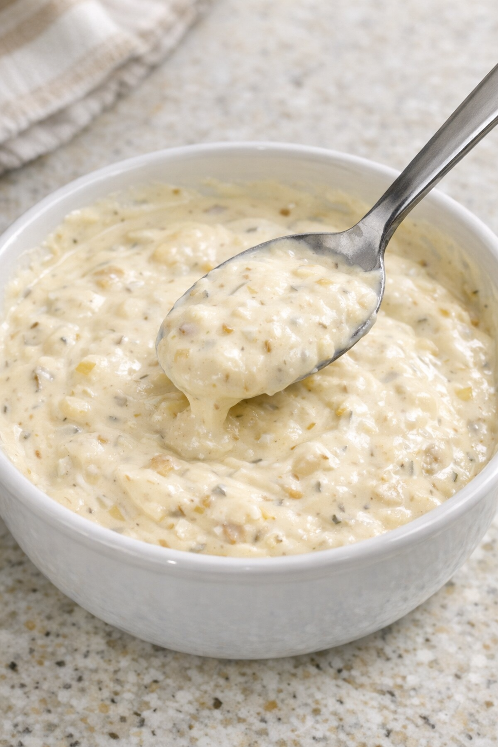 Creamy onion sauce mixed in bowl