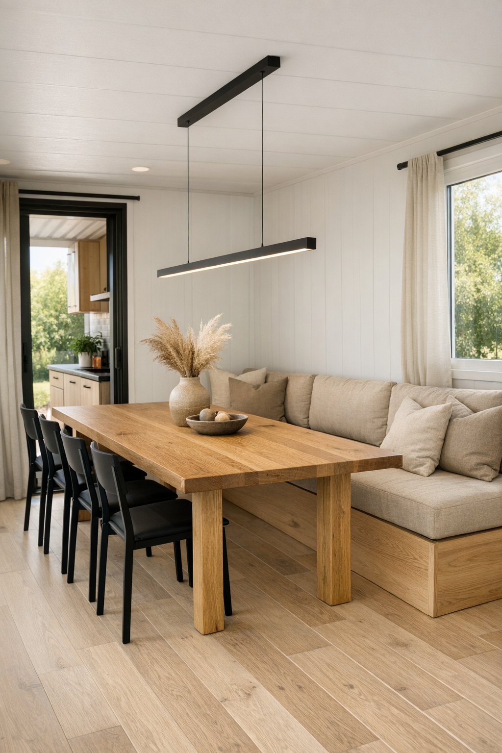 Open dining area with oak table, black chairs, and soft natural light