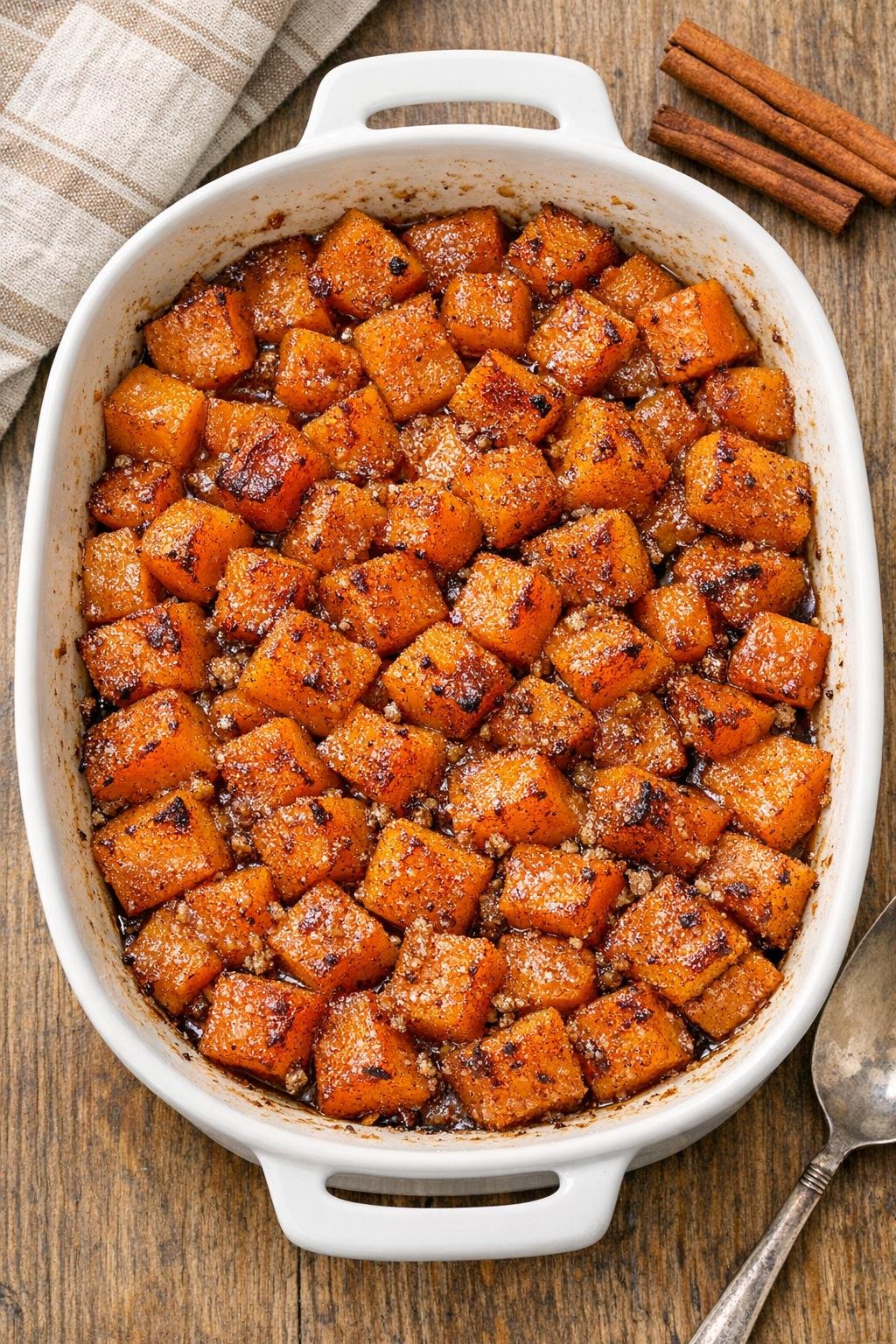 Baked butternut squash dessert in a white casserole dish