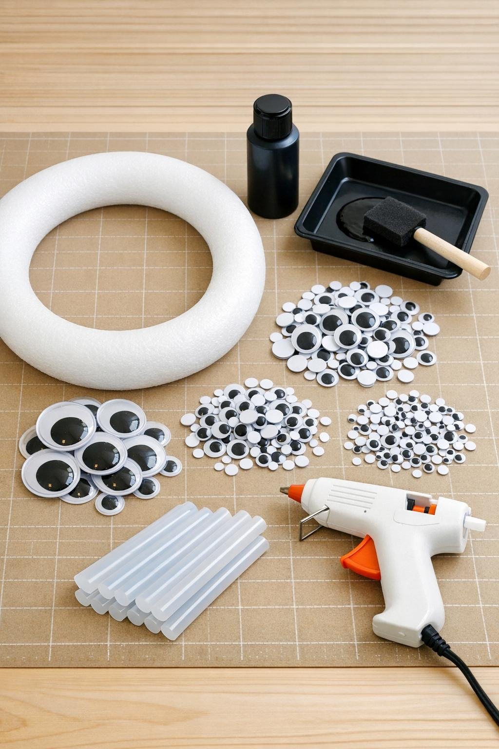All materials for the googly eye wreath laid out on a craft table