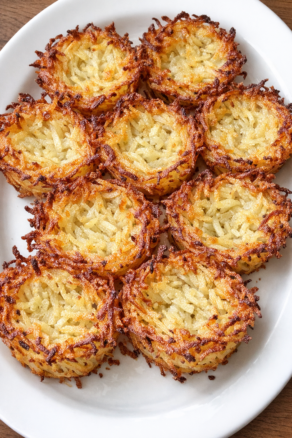 Golden crispy shredded potato nests on a white oval platter