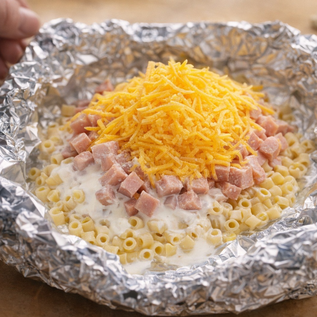 Close view of pasta, ham, cream, and cheese layered in foil