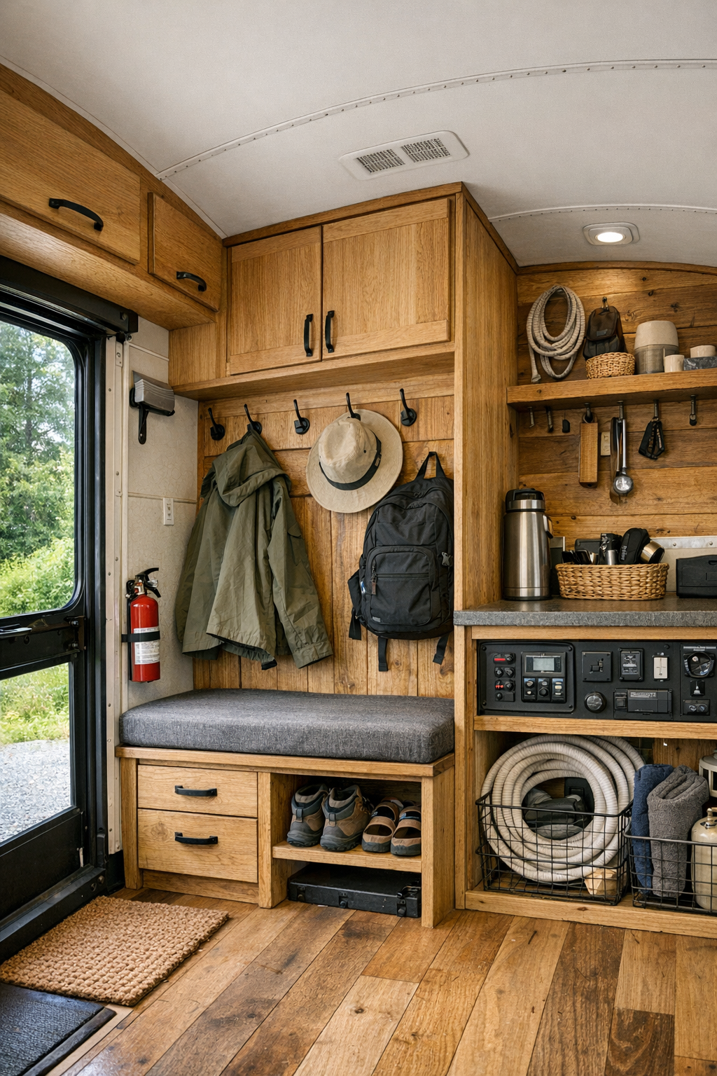 Smart bus entry and storage area with built-in hooks, bench, and compact utility details