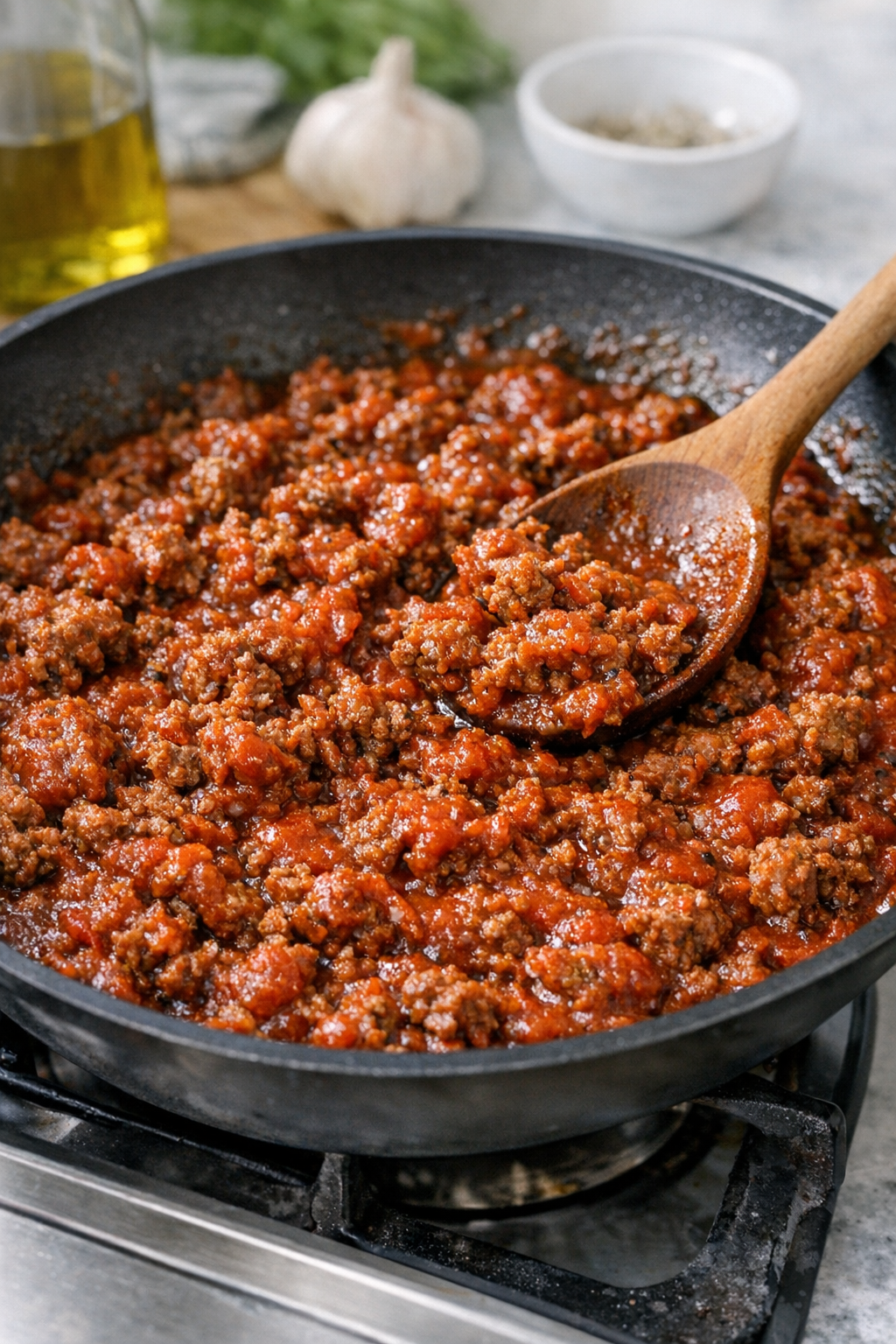 Beef and marinara mixture in skillet