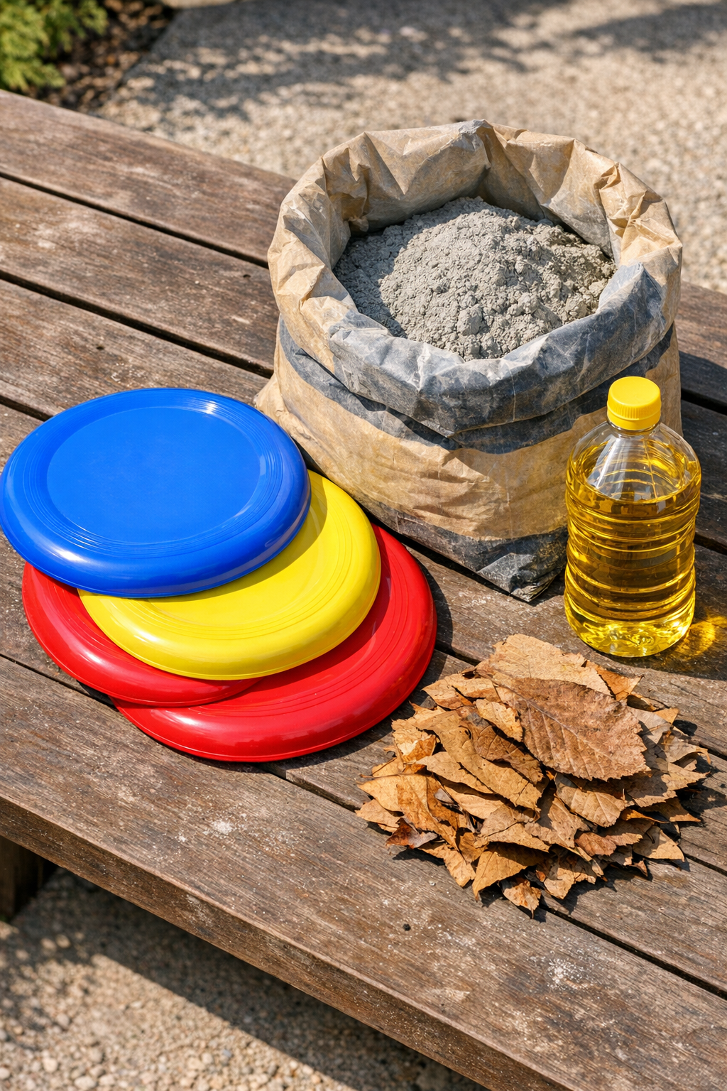 Materials for making circular cement garden steps laid out on a work surface
