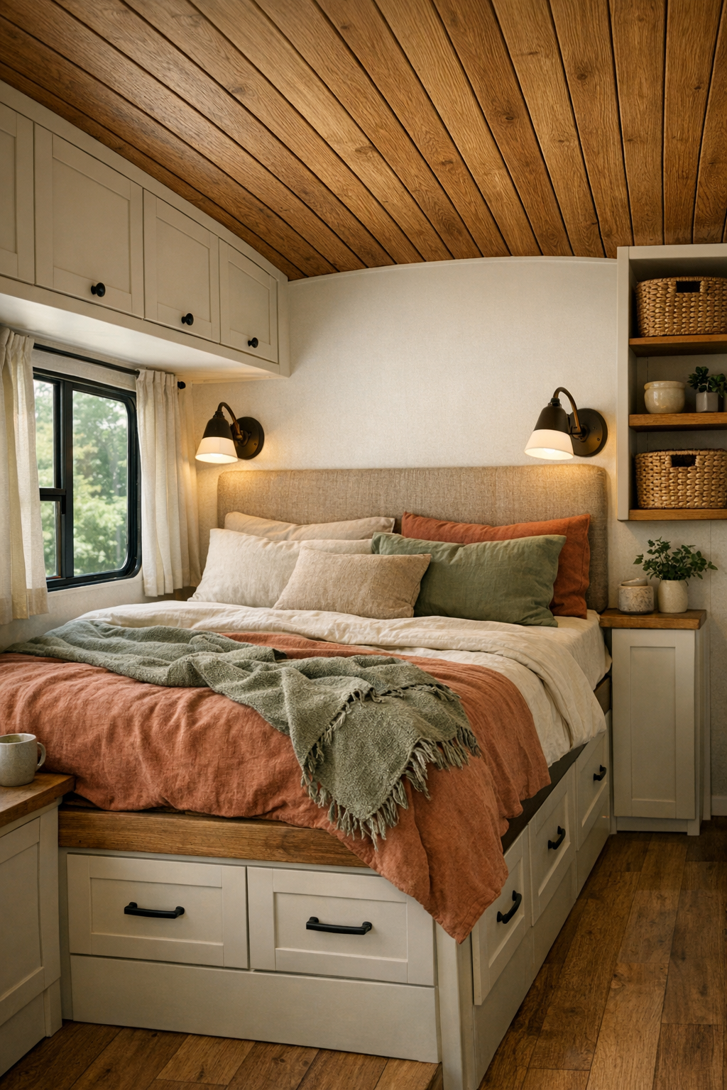 Cozy converted bus bedroom with built-in bed and linen bedding