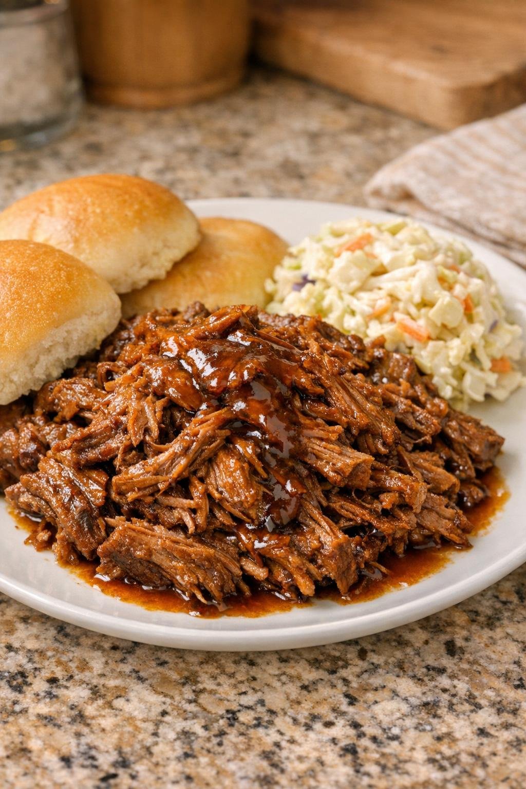 Finished plated shredded beef with sauce