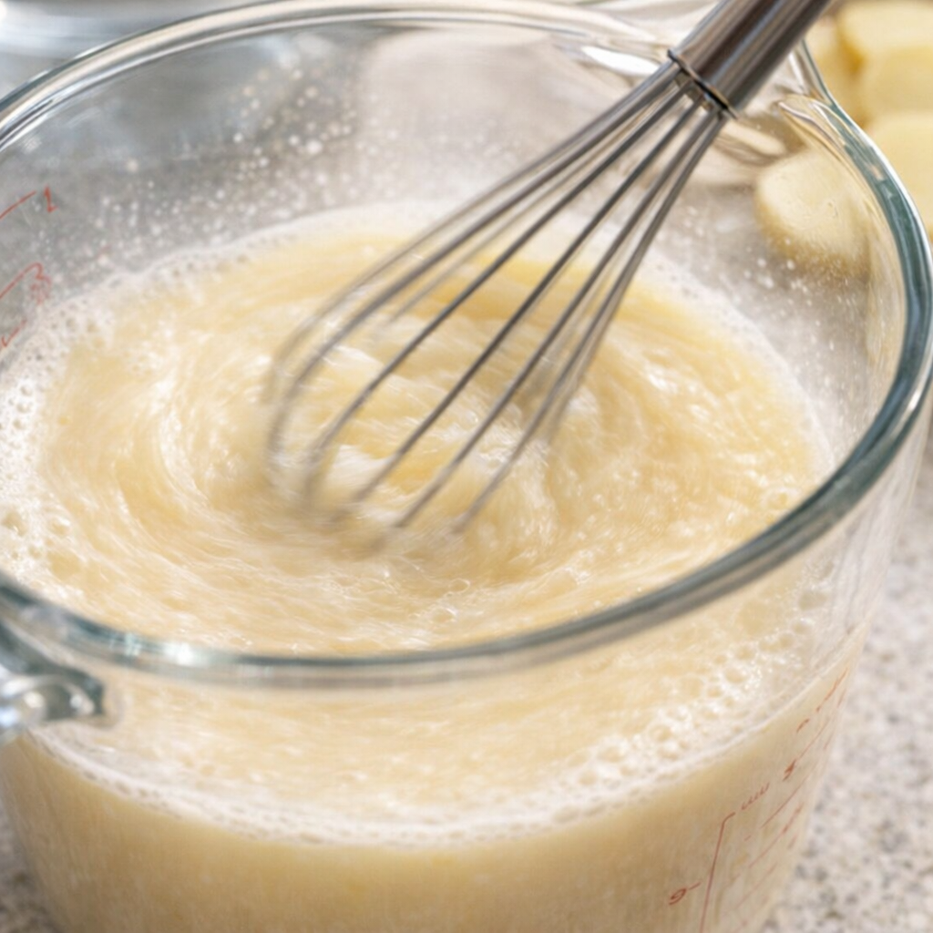 Condensed milk mixture being whisked in a measuring cup