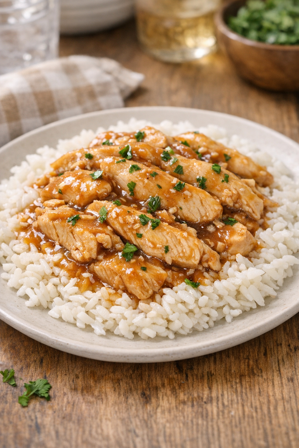 Finished slow cooker chicken served over rice