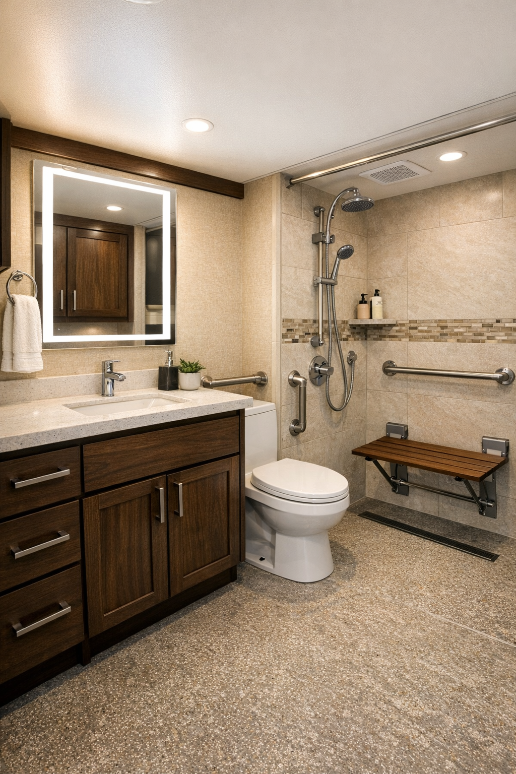 Accessible RV bathroom with curbless shower, walnut vanity, and warm neutral finishes