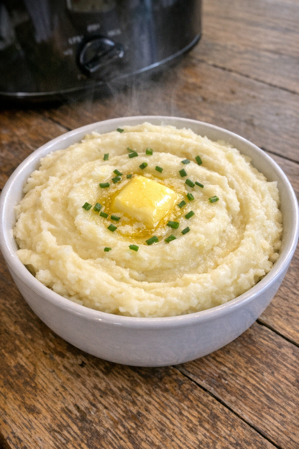Finished silky whipped potatoes plated in a serving bowl