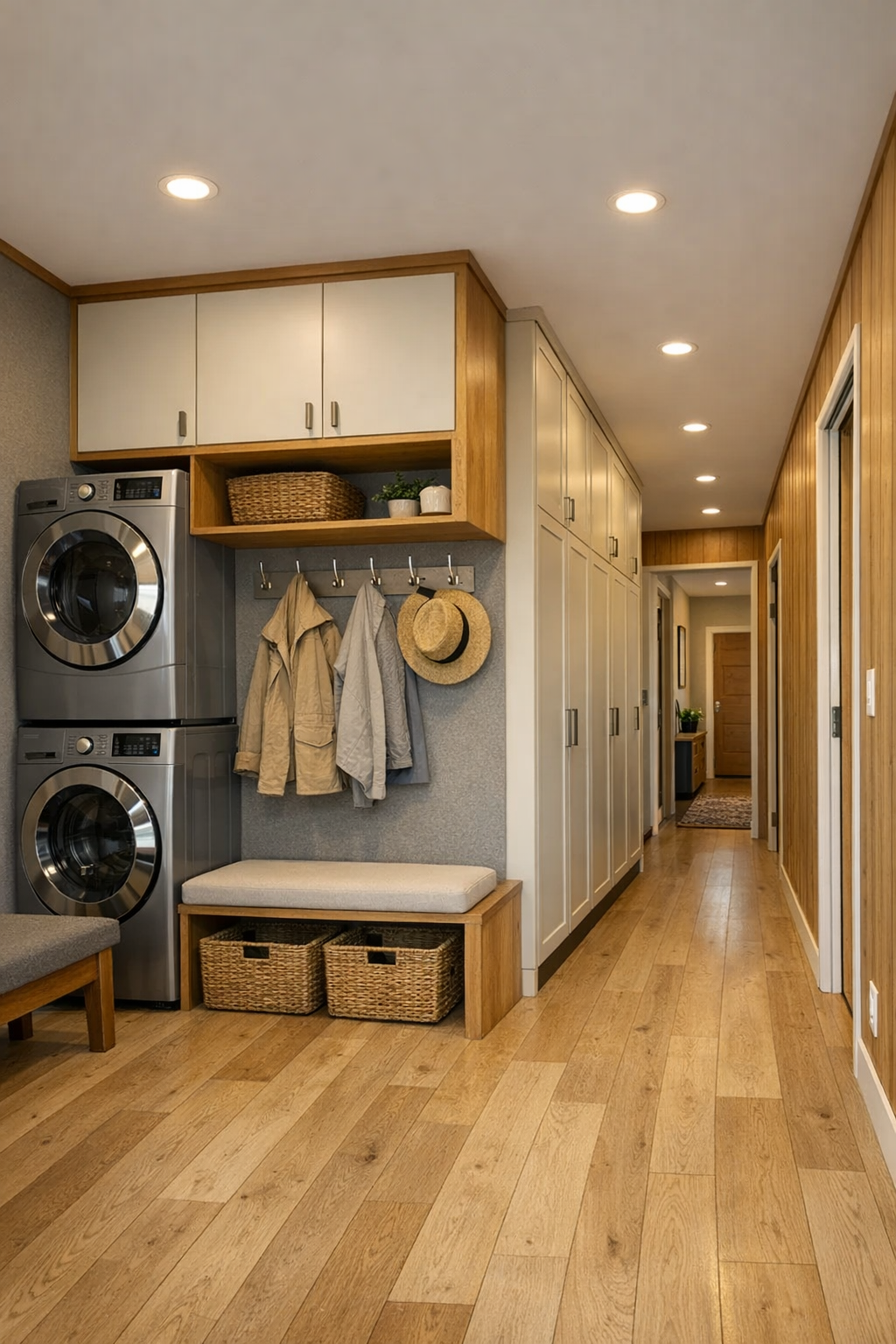 Thoughtful hallway and utility area with built-in storage, bench, and soft overhead lighting